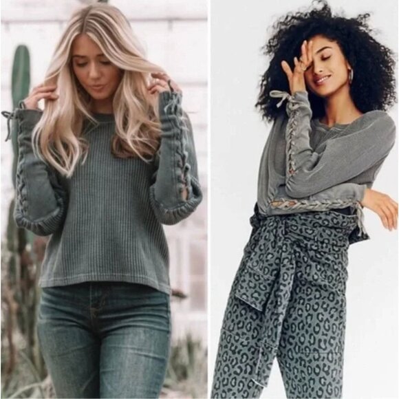 FP Free People XS One Tasha Distressed Waffle Thermal Top Lace Up Long Sleeve - Picture 1 of 12